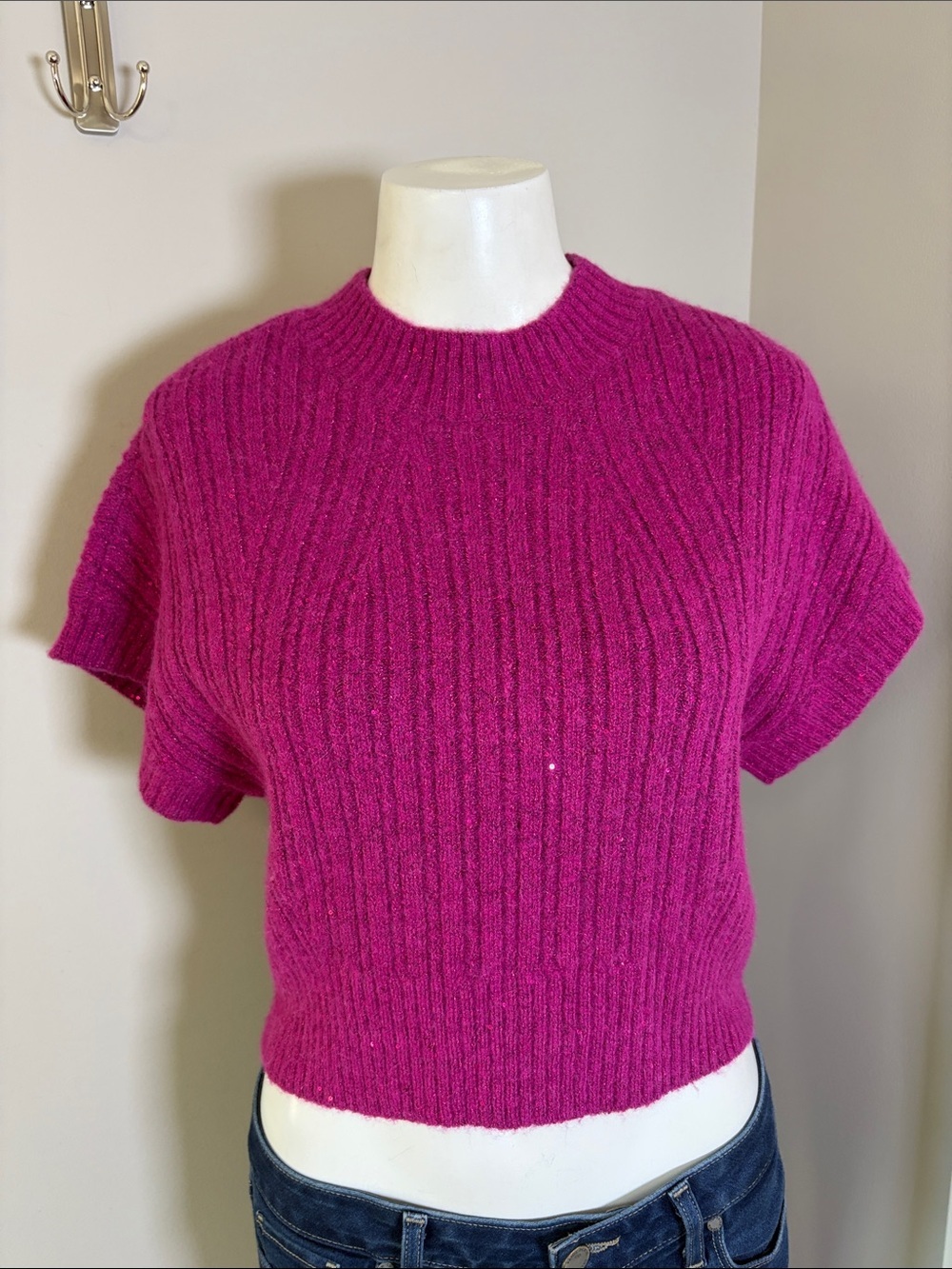 RAMY Brook Wool Blend Metallic Short Sleeve Sweater magenta Sz XS